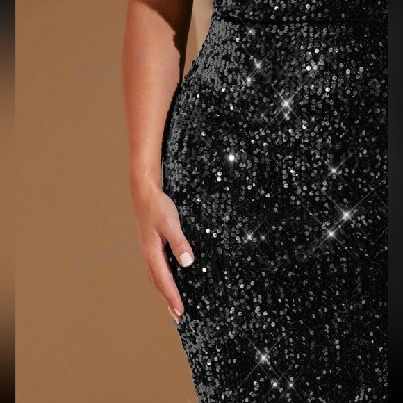 Luxe Velvet Sequin Side Slit Criss Cross Holiday Evening Wedding Dress Black - Picture 5 of 6